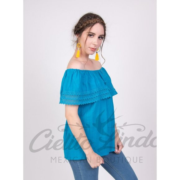 Mexican Off The Shoulder Blouse Solid Turquoise - Picture 2 of 6